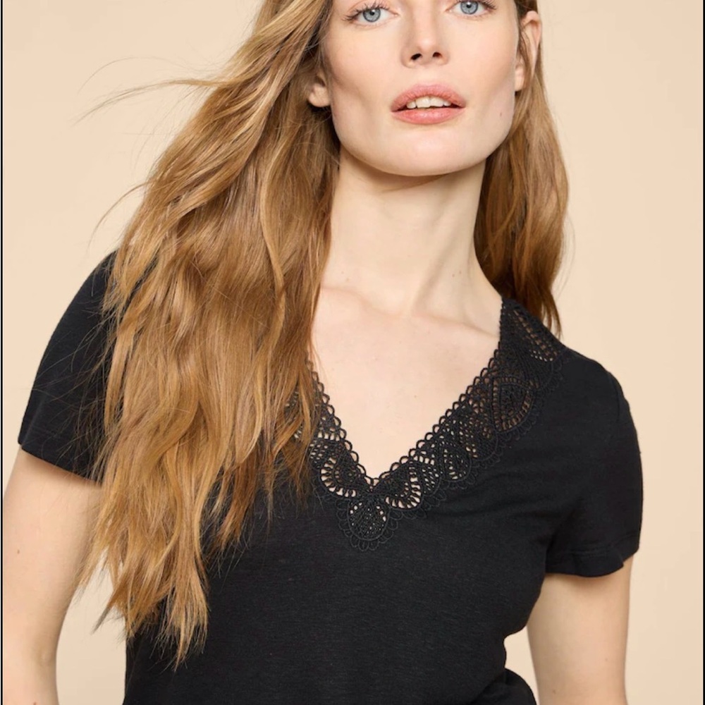 Sezane Mina Lace v-neck short sleeeve black top